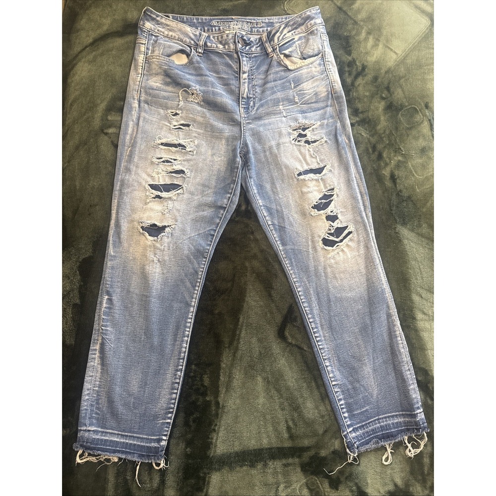 Y2K Grunge Distressed Jeggings Blue American Eagle Super Stretch Size 14